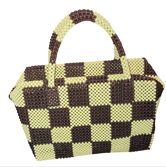 Vtg RARE Brown and Yellow Hand Beaded Authentic Handbag Purse - Picture 1 of 6